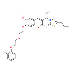 ChemSpider 2D Image | (5Z,6Z)-5-Imino-6-(3-methoxy-4-{2-[2-(2-methylphenoxy)ethoxy]ethoxy}benzylidene)-2-propyl-5,6-dihydro-7H-[1,3,4]thiadiazolo[3,2-a]pyrimidin-7-one | C27H30N4O5S