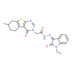 ChemSpider 2D Image | N'-[(3Z)-1-Ethyl-2-oxo-1,2-dihydro-3H-indol-3-ylidene]-2-(7-methyl-4-oxo-5,6,7,8-tetrahydro[1]benzothieno[2,3-d]pyrimidin-3(4H)-yl)acetohydrazide | C23H23N5O3S