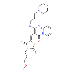 ChemSpider 2D Image | 3-{(Z)-[3-(3-Methoxypropyl)-4-oxo-2-thioxo-1,3-thiazolidin-5-ylidene]methyl}-2-{[3-(4-morpholinyl)propyl]amino}-4H-pyrido[1,2-a]pyrimidin-4-one | C23H29N5O4S2