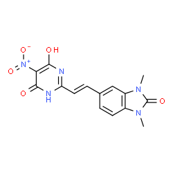 ChemSpider 2D Image | 5-[(E)-2-(4,6-Dihydroxy-5-nitropyrimidin-2-yl)vinyl]-1,3-dimethyl-1,3-dihydro-2H-benzimidazol-2-one | C15H13N5O5