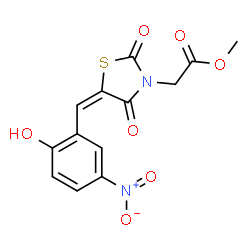 ChemSpider 2D Image | Methyl [(5E)-5-(2-hydroxy-5-nitrobenzylidene)-2,4-dioxo-1,3-thiazolidin-3-yl]acetate | C13H10N2O7S