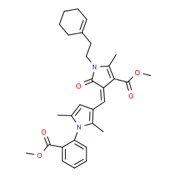 ChemSpider 2D Image | Methyl (4Z)-1-[2-(1-cyclohexen-1-yl)ethyl]-4-({1-[2-(methoxycarbonyl)phenyl]-2,5-dimethyl-1H-pyrrol-3-yl}methylene)-2-methyl-5-oxo-4,5-dihydro-1H-pyrrole-3-carboxylate | C30H34N2O5