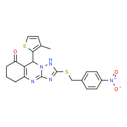 ChemSpider 2D Image | 9-(3-Methyl-2-thienyl)-2-[(4-nitrobenzyl)sulfanyl]-5,6,7,9-tetrahydro[1,2,4]triazolo[5,1-b]quinazolin-8(1H)-one | C21H19N5O3S2