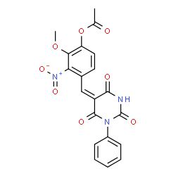 ChemSpider 2D Image | 2-Methoxy-3-nitro-4-[(E)-(2,4,6-trioxo-1-phenyltetrahydro-5(2H)-pyrimidinylidene)methyl]phenyl acetate | C20H15N3O8