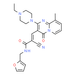 ChemSpider 2D Image | (2E)-2-Cyano-3-[2-(4-ethyl-1-piperazinyl)-9-methyl-4-oxo-4H-pyrido[1,2-a]pyrimidin-3-yl]-N-(2-furylmethyl)acrylamide | C24H26N6O3