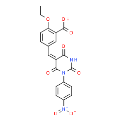 ChemSpider 2D Image | 2-Ethoxy-5-{(E)-[1-(4-nitrophenyl)-2,4,6-trioxotetrahydro-5(2H)-pyrimidinylidene]methyl}benzoic acid | C20H15N3O8