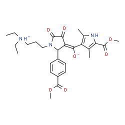 ChemSpider 2D Image | (E)-{1-[3-(Diethylammonio)propyl]-2-[4-(methoxycarbonyl)phenyl]-4,5-dioxo-3-pyrrolidinylidene}[5-(methoxycarbonyl)-2,4-dimethyl-1H-pyrrol-3-yl]methanolate | C28H35N3O7