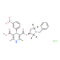 ChemSpider 2D Image | (3S)-1-Benzyl(2,2,5,5-~2~H_4_)-3-pyrrolidinyl methyl (4S)-2,6-dimethyl-4-(3-nitrophenyl)-1,4-dihydro-3,5-pyridinedicarboxylate hydrochloride (1:1) | C27H26D4ClN3O6