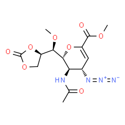 ChemSpider 2D Image | Methyl (6R)-5-acetamido-2,6-anhydro-4-azido-3,4,5-trideoxy-6-{(S)-methoxy[(4R)-2-oxo-1,3-dioxolan-4-yl]methyl}-L-threo-hex-2-enonate | C14H18N4O8
