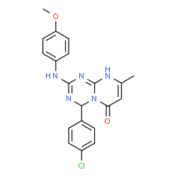 ChemSpider 2D Image | 4-(4-Chlorophenyl)-2-[(4-methoxyphenyl)amino]-8-methyl-4,9-dihydro-6H-pyrimido[1,2-a][1,3,5]triazin-6-one | C20H18ClN5O2
