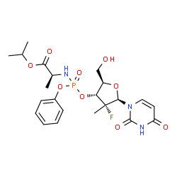 ChemSpider 2D Image | Isopropyl (2S)-2-{[{[(2R,3R,4R,5R)-5-(2,4-dioxo-3,4-dihydro-1(2H)-pyrimidinyl)-4-fluoro-2-(hydroxymethyl)-4-methyltetrahydro-3-furanyl]oxy}(phenoxy)phosphoryl]amino}propanoate (non-preferred name) | C22H29FN3O9P