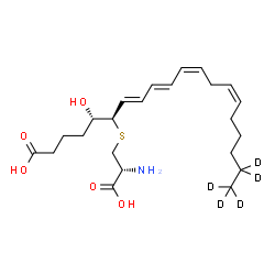 ChemSpider 2D Image | (5S,6R,7E,9E,11Z,14Z)-6-{[(2R)-2-Amino-2-carboxyethyl]sulfanyl}-5-hydroxy(19,19,20,20,20-~2~H_5_)-7,9,11,14-icosatetraenoic acid | C23H32D5NO5S