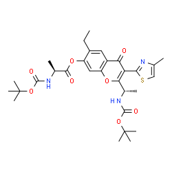ChemSpider 2D Image | 6-Ethyl-2-[(1S)-1-({[(2-methyl-2-propanyl)oxy]carbonyl}amino)ethyl]-3-(4-methyl-1,3-thiazol-2-yl)-4-oxo-4H-chromen-7-yl N-{[(2-methyl-2-propanyl)oxy]carbonyl}-L-alaninate | C30H39N3O8S