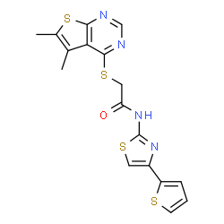 ChemSpider 2D Image | 2-[(5,6-Dimethylthieno[2,3-d]pyrimidin-4-yl)sulfanyl]-N-[4-(2-thienyl)-1,3-thiazol-2-yl]acetamide | C17H14N4OS4