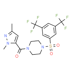 ChemSpider 2D Image | (4-{[3,5-Bis(trifluoromethyl)phenyl]sulfonyl}-1-piperazinyl)(1,3-dimethyl-1H-pyrazol-5-yl)methanone | C18H18F6N4O3S