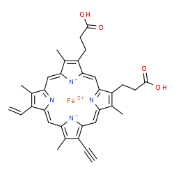 ChemSpider 2D Image | Iron(2+) 2,18-bis(2-carboxyethyl)-13-ethynyl-3,7,12,17-tetramethyl-8-vinylporphine-21,23-diide | C34H30FeN4O4