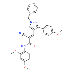 ChemSpider 2D Image | (2E)-3-[1-Benzyl-3-(4-methoxyphenyl)-1H-pyrazol-4-yl]-2-cyano-N-(2,4-dimethoxyphenyl)acrylamide | C29H26N4O4