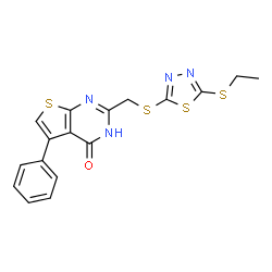 ChemSpider 2D Image | 2-({[5-(Ethylsulfanyl)-1,3,4-thiadiazol-2-yl]sulfanyl}methyl)-5-phenylthieno[2,3-d]pyrimidin-4(3H)-one | C17H14N4OS4