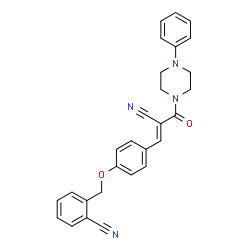 ChemSpider 2D Image | 2-({4-[(1E)-2-Cyano-3-oxo-3-(4-phenyl-1-piperazinyl)-1-propen-1-yl]phenoxy}methyl)benzonitrile | C28H24N4O2