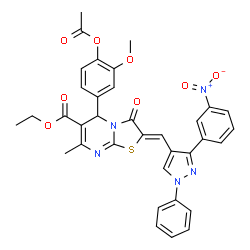 ChemSpider 2D Image | Ethyl (2Z)-5-(4-acetoxy-3-methoxyphenyl)-7-methyl-2-{[3-(3-nitrophenyl)-1-phenyl-1H-pyrazol-4-yl]methylene}-3-oxo-2,3-dihydro-5H-[1,3]thiazolo[3,2-a]pyrimidine-6-carboxylate | C35H29N5O8S
