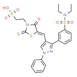 ChemSpider 2D Image | 2-[(5Z)-5-({3-[3-(Diethylsulfamoyl)phenyl]-1-phenyl-1H-pyrazol-4-yl}methylene)-4-oxo-2-thioxo-1,3-thiazolidin-3-yl]ethanesulfonic acid | C25H26N4O6S4