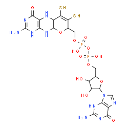 ChemSpider 2D Image | 2-Amino-9-{5-O-[({[(2-amino-4-oxo-6,7-disulfanyl-1,5,5a,8,9a,10-hexahydro-4H-pyrano[3,2-g]pteridin-8-yl)methoxy](hydroxy)phosphoryl}oxy)(hydroxy)phosphoryl]pentofuranosyl}-3,9-dihydro-6H-purin-6-one | C20H26N10O13P2S2