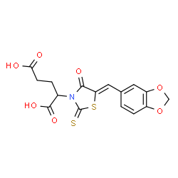 ChemSpider 2D Image | 2-[(5Z)-5-(1,3-Benzodioxol-5-ylmethylene)-4-oxo-2-thioxo-1,3-thiazolidin-3-yl]pentanedioic acid | C16H13NO7S2