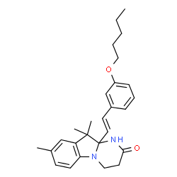 ChemSpider 2D Image | 8,10,10-Trimethyl-10a-{(E)-2-[3-(pentyloxy)phenyl]vinyl}-3,4,10,10a-tetrahydropyrimido[1,2-a]indol-2(1H)-one | C27H34N2O2