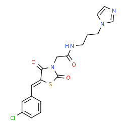 ChemSpider 2D Image | 2-[(5Z)-5-(3-Chlorobenzylidene)-2,4-dioxo-1,3-thiazolidin-3-yl]-N-[3-(1H-imidazol-1-yl)propyl]acetamide | C18H17ClN4O3S