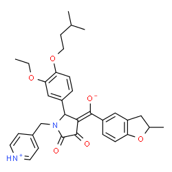 ChemSpider 2D Image | (E)-{2-[3-Ethoxy-4-(3-methylbutoxy)phenyl]-4,5-dioxo-1-(4-pyridiniumylmethyl)-3-pyrrolidinylidene}(2-methyl-2,3-dihydro-1-benzofuran-5-yl)methanolate | C33H36N2O6