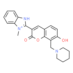 ChemSpider 2D Image | 2-[7-Hydroxy-2-oxo-8-(1-piperidinylmethyl)-2H-chromen-3-yl]-3-methyl-1H-3,1-benzimidazol-3-ium | C23H24N3O3