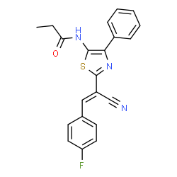 ChemSpider 2D Image | N-{2-[(E)-1-Cyano-2-(4-fluorophenyl)vinyl]-4-phenyl-1,3-thiazol-5-yl}propanamide | C21H16FN3OS