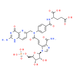 ChemSpider 2D Image | N-[4-([(2-Amino-4-oxo-1,4-dihydropyrido[3,2-d]pyrimidin-6-yl)methyl]{(2E)-3-[4-carbamoyl-1-(5-O-phosphono-beta-D-ribofuranosyl)-1H-imidazol-5-yl]-2-propenoyl}amino)benzoyl]-L-glutamic acid | C32H34N9O15P