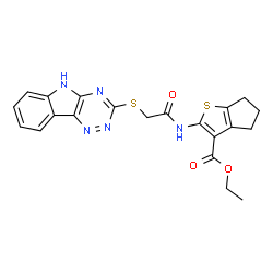 ChemSpider 2D Image | Ethyl 2-{[(5H-[1,2,4]triazino[5,6-b]indol-3-ylsulfanyl)acetyl]amino}-5,6-dihydro-4H-cyclopenta[b]thiophene-3-carboxylate | C21H19N5O3S2