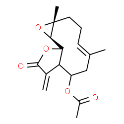 ChemSpider 2D Image | (1aR,4E,10bR)-1a,5-Dimethyl-8-methylene-9-oxo-1a,2,3,6,7,7a,8,9,10a,10b-decahydrooxireno[9,10]cyclodeca[1,2-b]furan-7-yl acetate | C17H22O5