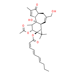 ChemSpider 2D Image | (1aR,1bS,4aS,7aR,7bS,9R,9aS)-9-Acetoxy-7b-hydroxy-3-(hydroxymethyl)-1,1,6,8-tetramethyl-5-oxo-1,1a,1b,4,4a,5,7a,7b,8,9-decahydro-9aH-cyclopropa[3,4]benzo[1,2-e]azulen-9a-yl (2Z,4E,6E)-2,4,6-decatrieno
ate | C32H42O7