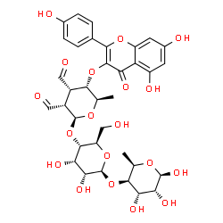 ChemSpider 2D Image | (5R)-2,3-Dideoxy-4-O-[5,7-dihydroxy-2-(4-hydroxyphenyl)-4-oxo-4H-chromen-3-yl]-2,3-diformyl-5-methyl-beta-D-ribopyranosyl-(1->4)-beta-D-allopyranosyl-(1->4)-6-deoxy-beta-D-gulopyranose | C35H40O19