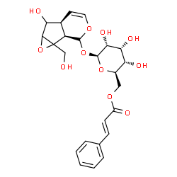 ChemSpider 2D Image | (1bR,5aS)-6-Hydroxy-1a-(hydroxymethyl)-1a,1b,2,5a,6,6a-hexahydrooxireno[4,5]cyclopenta[1,2-c]pyran-2-yl 6-O-[(2E)-3-phenyl-2-propenoyl]-beta-D-allopyranoside | C24H28O11