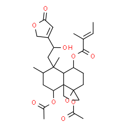 ChemSpider 2D Image | 8-Acetoxy-8a-(acetoxymethyl)-5-[2-hydroxy-2-(5-oxo-2,5-dihydro-3-furanyl)ethyl]-5,6-dimethyloctahydro-2H-spiro[naphthalene-1,2'-oxiran]-4-yl (2E)-2-methyl-2-butenoate | C29H40O10