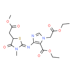 ChemSpider 2D Image | Ethyl 1-(2-ethoxy-2-oxoethyl)-4-{(Z)-[5-(2-methoxy-2-oxoethyl)-3-methyl-4-oxo-1,3-thiazolidin-2-ylidene]amino}-1H-imidazole-5-carboxylate | C17H22N4O7S