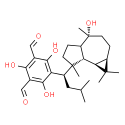 ChemSpider 2D Image | 2,4,6-Trihydroxy-5-{(1R)-1-[(1aR,4R,7aS,7bR)-4-hydroxy-1,1,4,7-tetramethyldecahydro-1H-cyclopropa[e]azulen-7-yl]-3-methylbutyl}isophthalaldehyde | C28H40O6