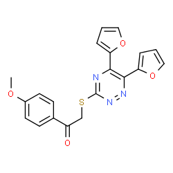 ChemSpider 2D Image | 2-[[5,6-bis(2-furanyl)-1,2,4-triazin-3-yl]thio]-1-(4-methoxyphenyl)ethanone | C20H15N3O4S