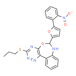 ChemSpider 2D Image | 6-[5-(2-Nitrophenyl)-2-furyl]-3-(propylsulfanyl)-6,7-dihydro[1,2,4]triazino[5,6-d][3,1]benzoxazepine | C23H19N5O4S