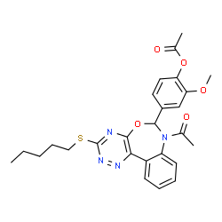 ChemSpider 2D Image | 4-[7-Acetyl-3-(pentylsulfanyl)-6,7-dihydro[1,2,4]triazino[5,6-d][3,1]benzoxazepin-6-yl]-2-methoxyphenyl acetate | C26H28N4O5S