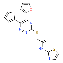 ChemSpider 2D Image | 2-{[5,6-Di(2-furyl)-1,2,4-triazin-3-yl]sulfanyl}-N-(1,3-thiazol-2-yl)acetamide | C16H11N5O3S2