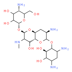 ChemSpider 2D Image | (2R,4aR,7R,8aS)-7-Amino-6-{[(2R)-4,6-diamino-2,3-dihydroxycyclohexyl]oxy}-4-hydroxy-3-(methylamino)octahydropyrano[3,2-b]pyran-2-yl 4-amino-4-deoxy-alpha-D-glycero-hexopyranoside | C21H41N5O11