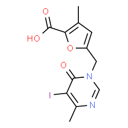 ChemSpider 2D Image | 5-[(5-Iodo-4-methyl-6-oxo-1(6H)-pyrimidinyl)methyl]-3-methyl-2-furoic acid | C12H11IN2O4