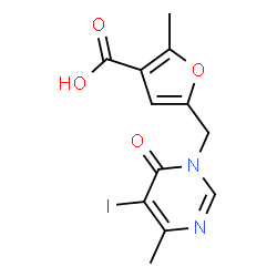 ChemSpider 2D Image | 5-[(5-Iodo-4-methyl-6-oxo-1(6H)-pyrimidinyl)methyl]-2-methyl-3-furoic acid | C12H11IN2O4