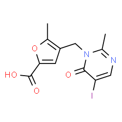 ChemSpider 2D Image | 4-[(5-Iodo-2-methyl-6-oxo-1(6H)-pyrimidinyl)methyl]-5-methyl-2-furoic acid | C12H11IN2O4