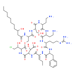 ChemSpider 2D Image | {(9Z)-18,21-Bis(2-aminoethyl)-12-benzyl-3-(2-chloro-1-hydroxyethyl)-15-{3-[(diaminomethylene)amino]propyl}-24-(hydroxymethyl)-27-[(3-hydroxyundecanoyl)amino]-2,5,8,11,14,17,20,23,26-nonaoxo-9-propylid
ene-1-oxa-4,7,10,13,16,19,22,25-octaazacyclooctacosan-6-yl}(hydroxy)acetic acid | C53H85ClN14O17